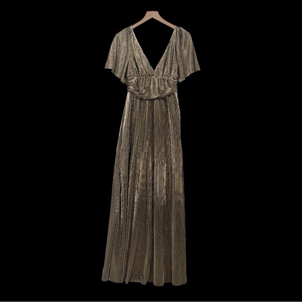 Baltic Born‎ Metallic Gold Pleated V-Neck Flutter Sleeve Maxi Dress Small